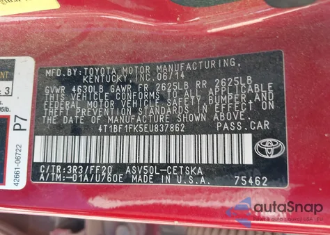 2014 Toyota Camry Se z USA, uszkodzony, nr VIN 4T1BF1FK5EU837862